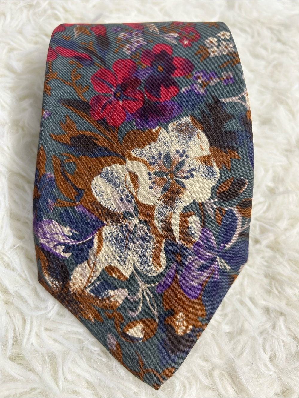 Mario Valentino Floral Silk Tie in Teal, Brown, Purple, Cream